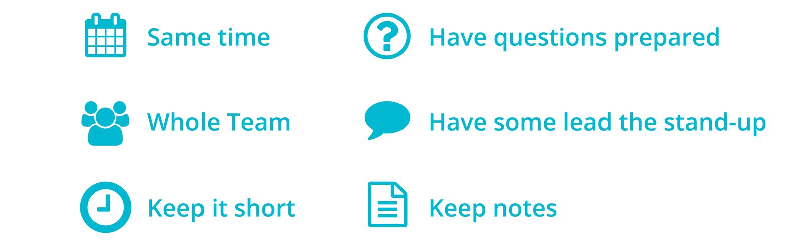 Stand-up rules: same time, whole team, keep it short, have questions prepared, have someone lead the stand-up, keep notes