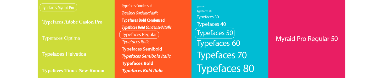 A typeface broken down into font families, font styles and font sizes, ending with Myriad Pro Regular 50