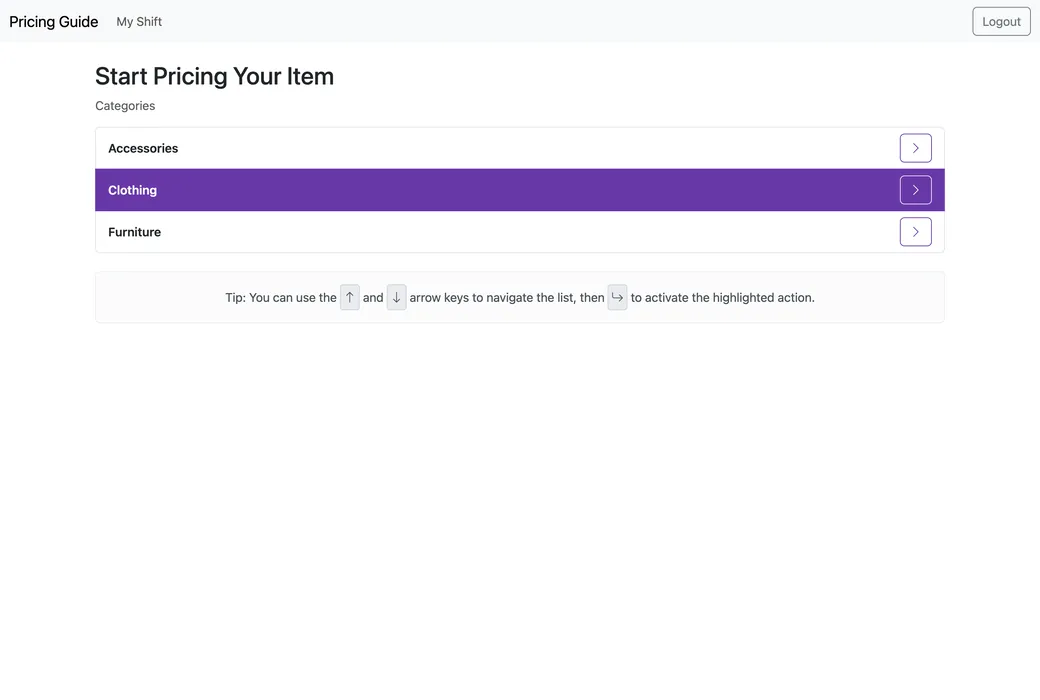 Start Pricing Your Item: Clothing is highlighted in the list of categories, under a tip to use the arrow keys and Return.