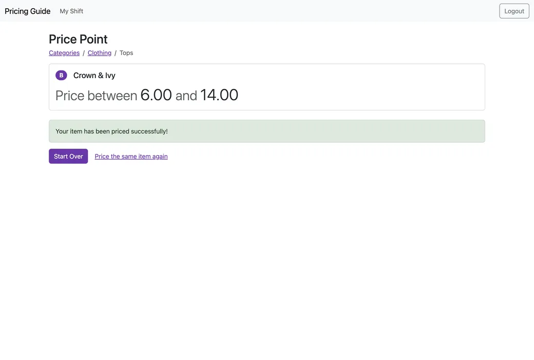 Your item has been priced successfully, with a Start Over button and a link to price the same item again.