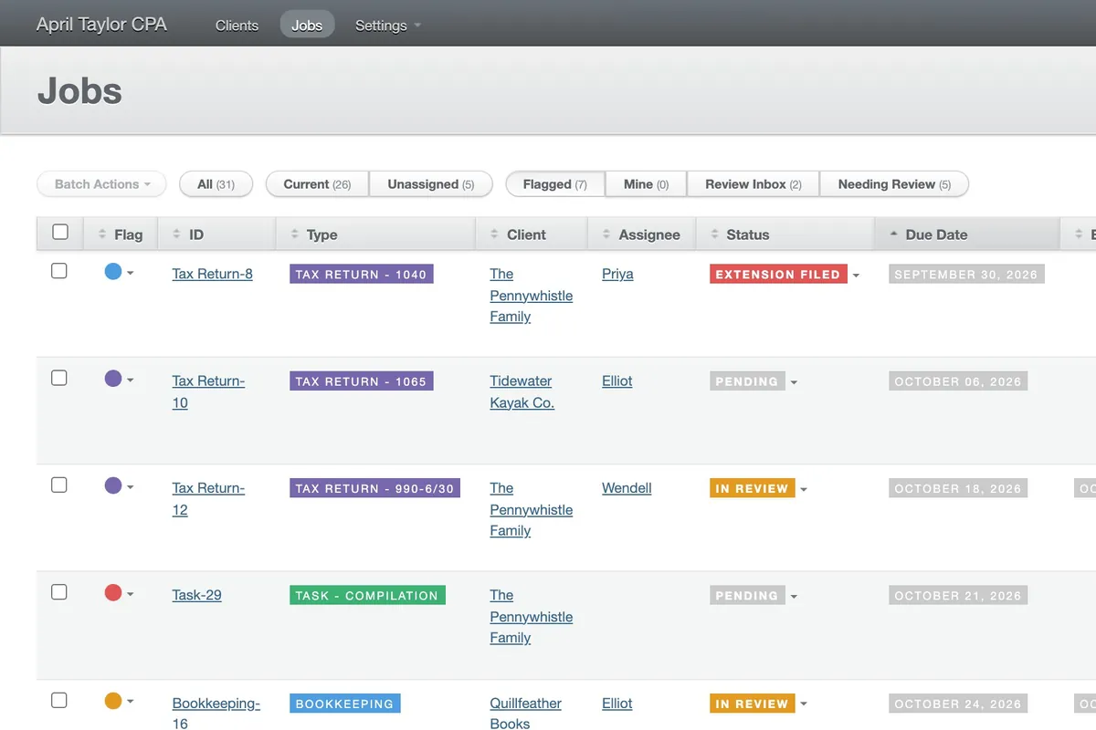 April Taylor CPA's jobs page on demo data: a grey header, tabs for Current, Unassigned, Flagged and Mine, and a table of tax returns, bookkeeping and tasks with coloured type and status tags.