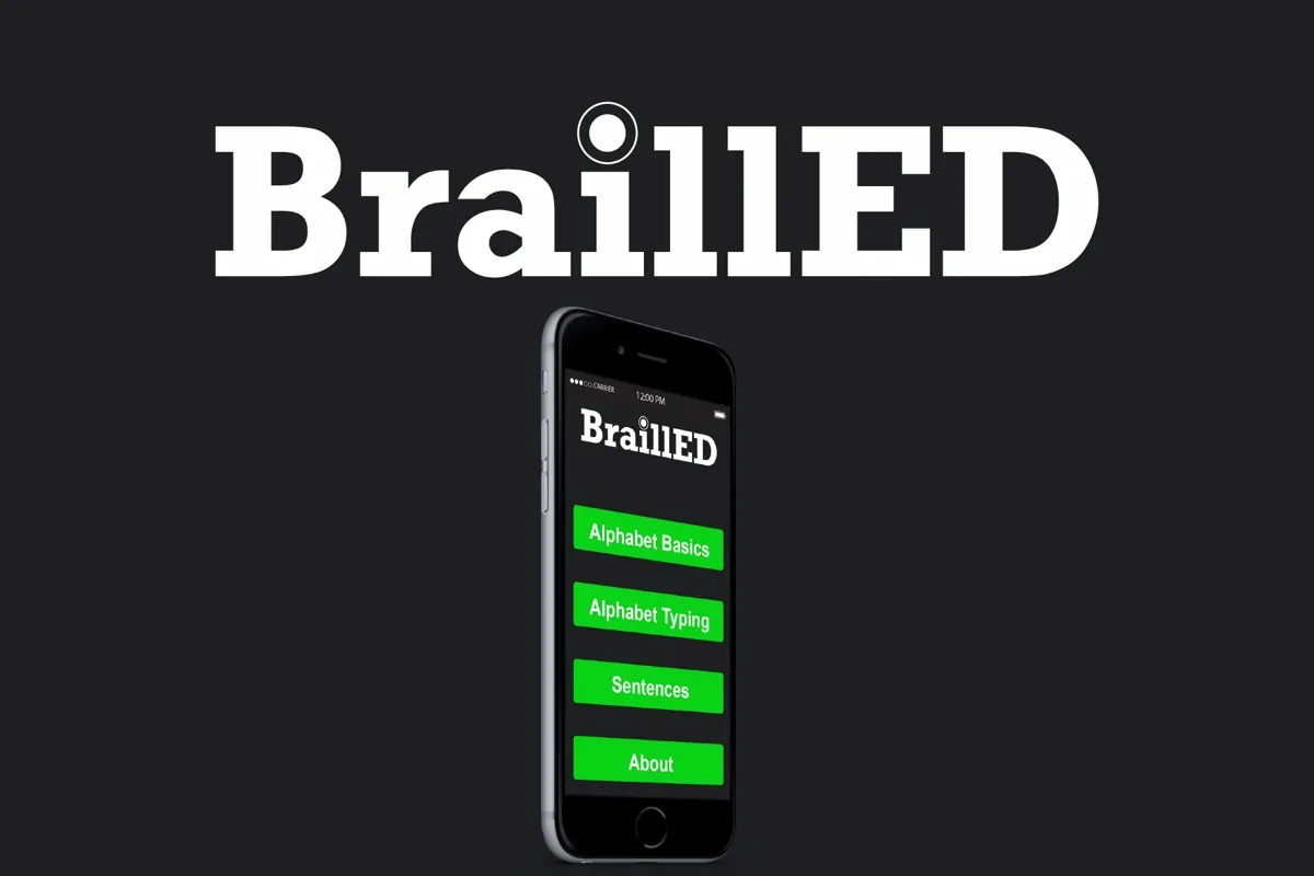 The BraillED wordmark above an iPhone showing the app’s menu: Alphabet Basics, Alphabet Typing, Sentences and About.