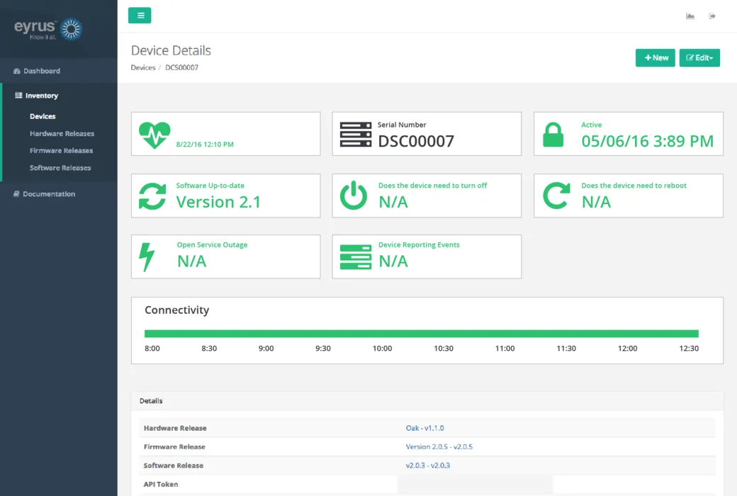 The Device Manager's Device Details page for one box: green tiles for its heartbeat, software version and reporting, and a connectivity timeline that is green from 8:00 to 12:30.