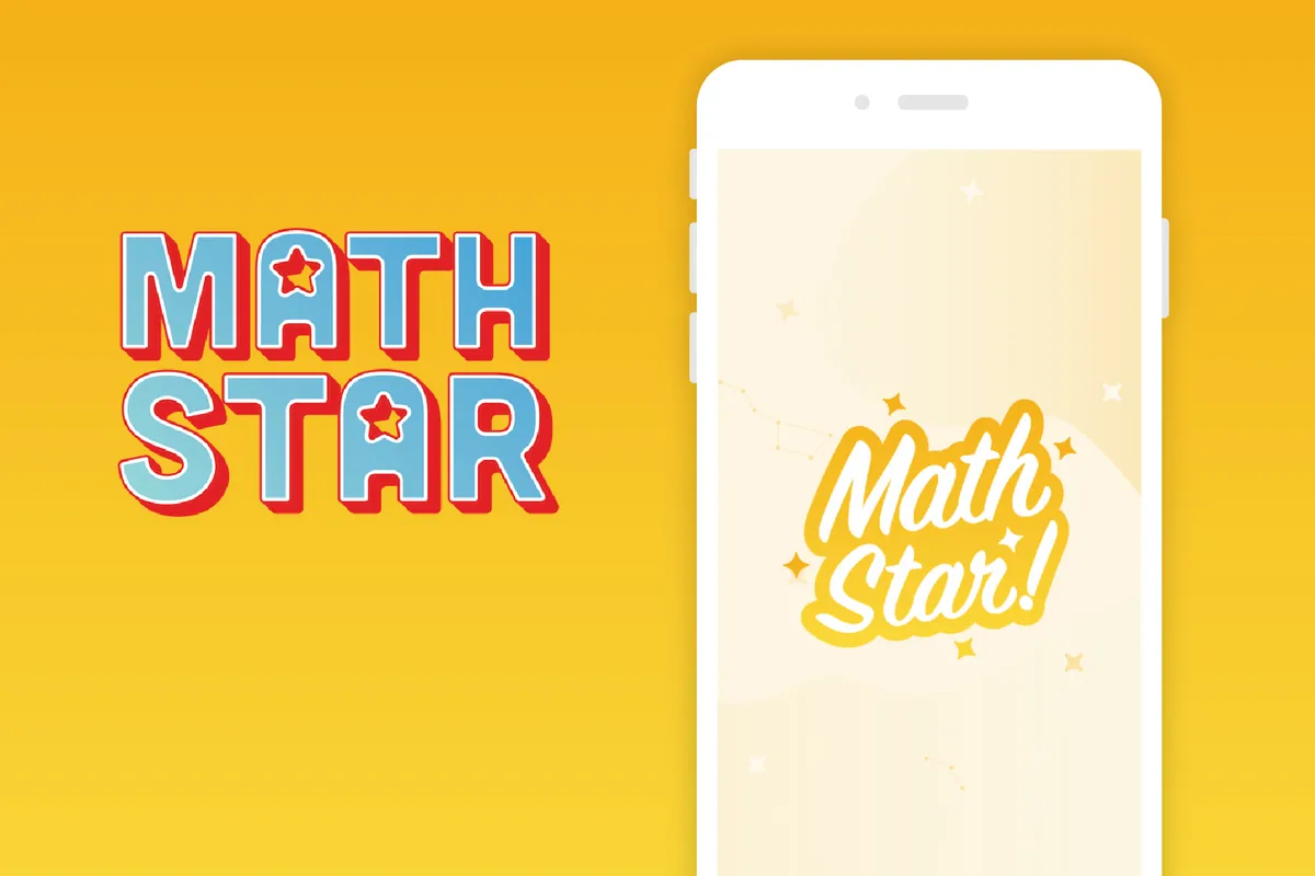 The Math Star logo beside an iPhone showing the app's splash screen, on yellow.