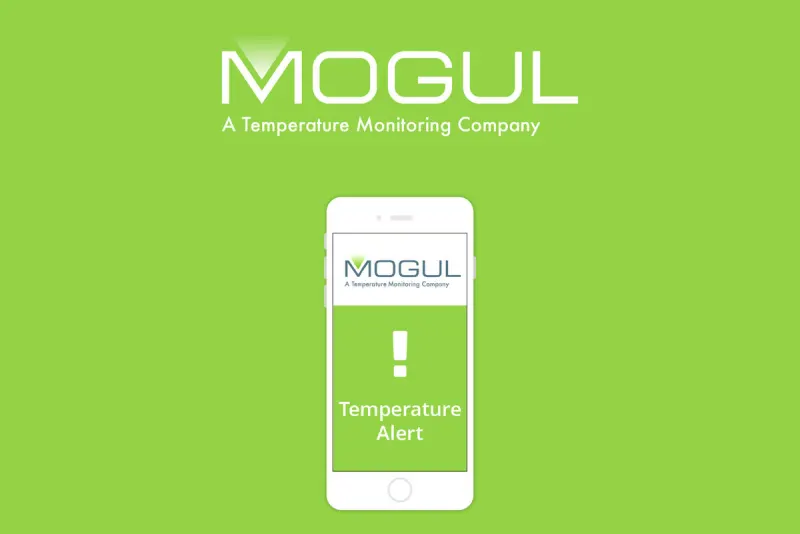 The Mogul Wireless logo above an iPhone showing a temperature alert, on Mogul’s green.