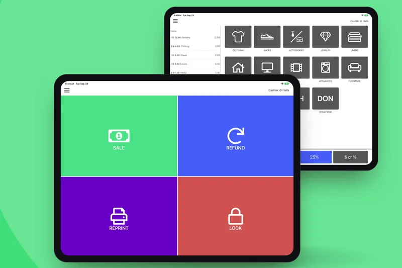 OnTrac on two iPads today, the dashboard's big Sale, Refund, Reprint and Lock tiles in front of the register and its category buttons.