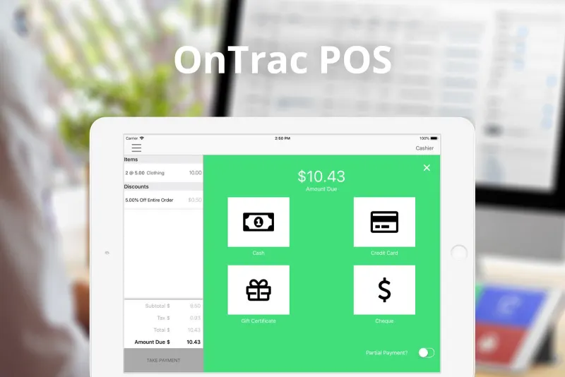 The OnTrac point of sale on iPad, showing $10.43 due with cash, credit card, gift certificate and cheque buttons.