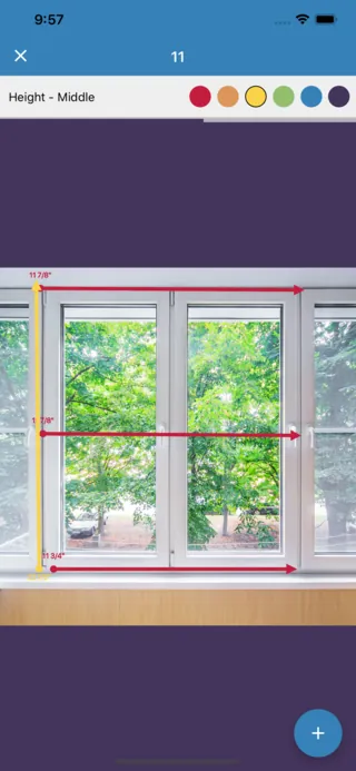 The Draw screen: a photo of a window on purple, with red arrows across it at the top, middle and bottom and a yellow arrow up its left side, each labelled in inches, under a toolbar reading Height - Middle and six colour swatches.
