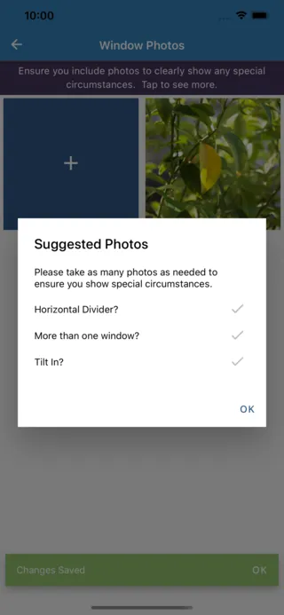 Window Photos, with a Suggested Photos dialog asking for photos of the horizontal divider, the second window and the tilt-in sash, the three things answered yes.