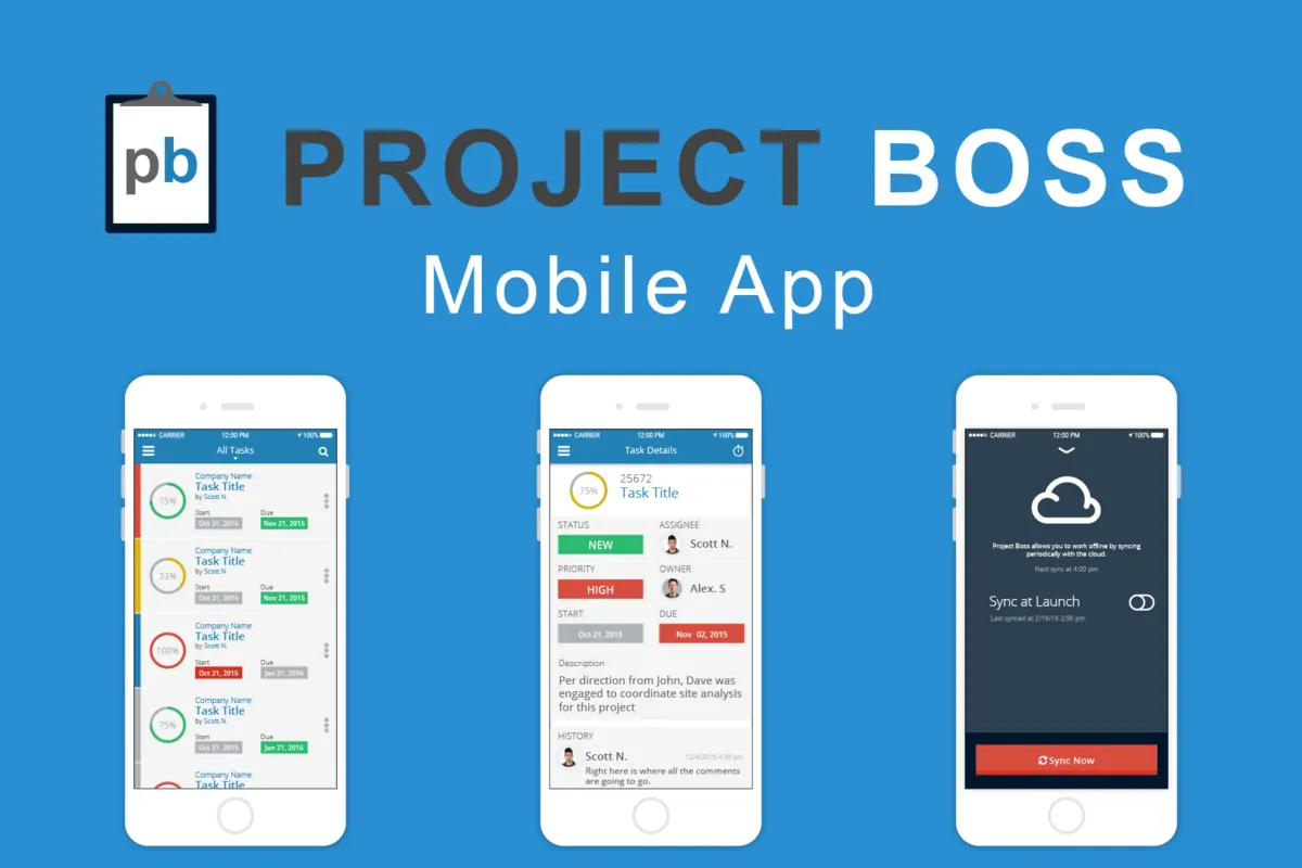 Project Boss Mobile App, above three iPhones showing a task list, a task and cloud sync, on blue.