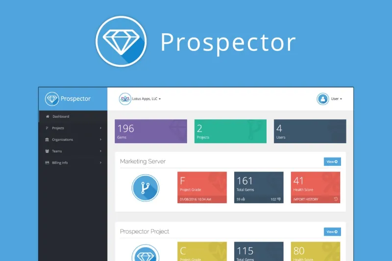 The Prospector logo above its dashboard, with gem, project and user counts and a grade and health score for each project.