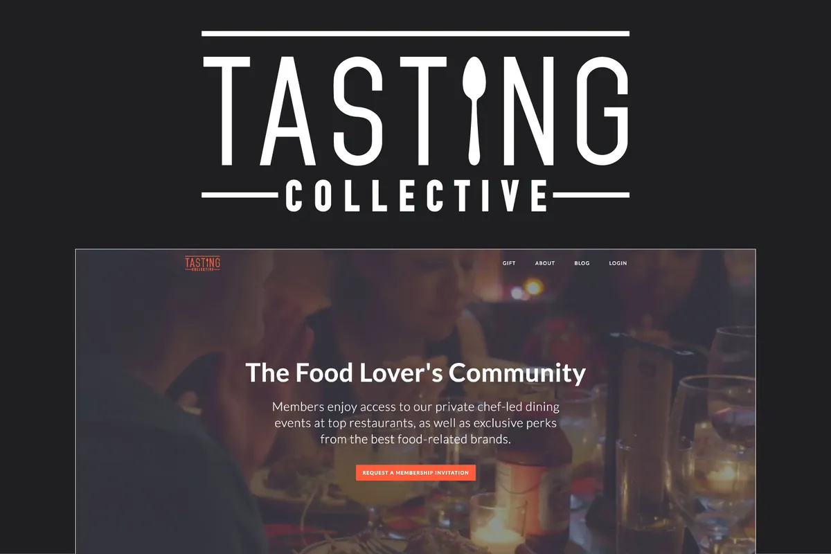 The Tasting Collective logo above its website's home page, The Food Lover's Community, on black.