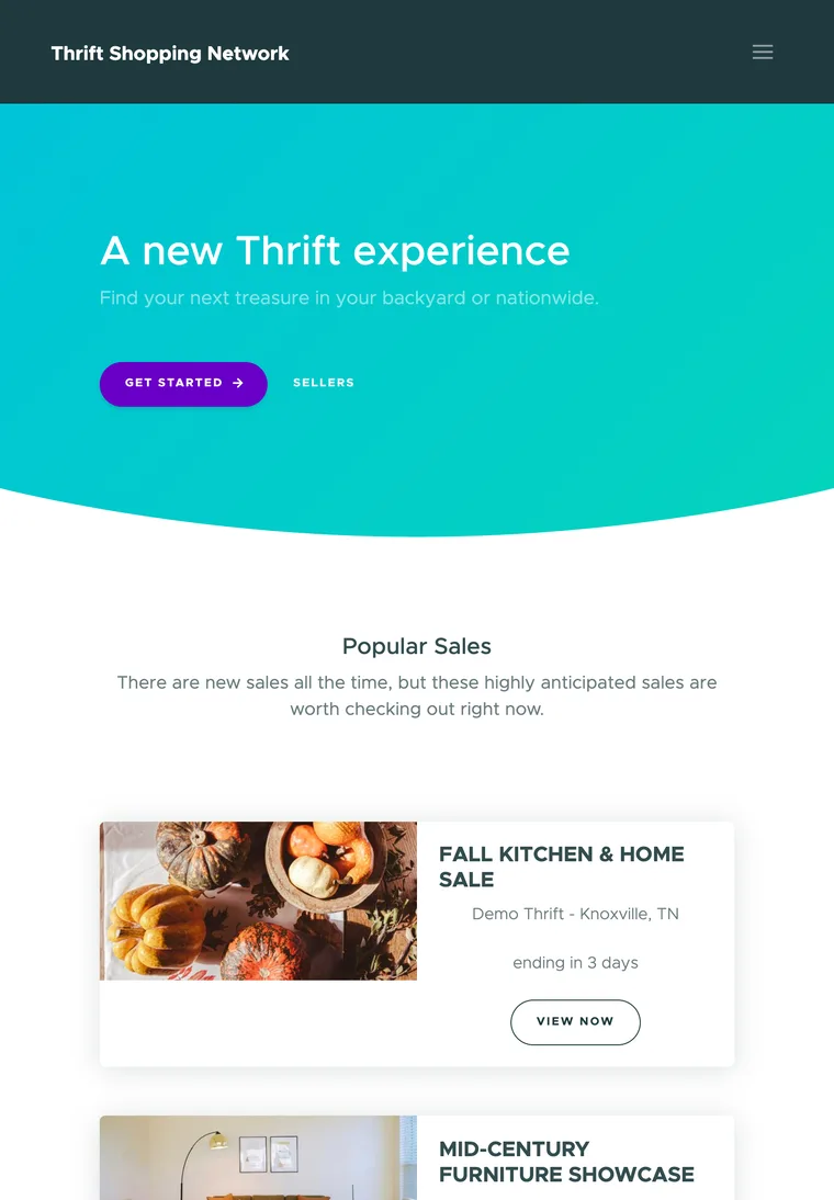 Thrift Shopping Network's homepage on an iPad: A new Thrift experience, with Get Started and Sellers buttons on the cyan-to-mint gradient, above Popular Sales, starting with a Fall Kitchen & Home Sale pictured with pumpkins.