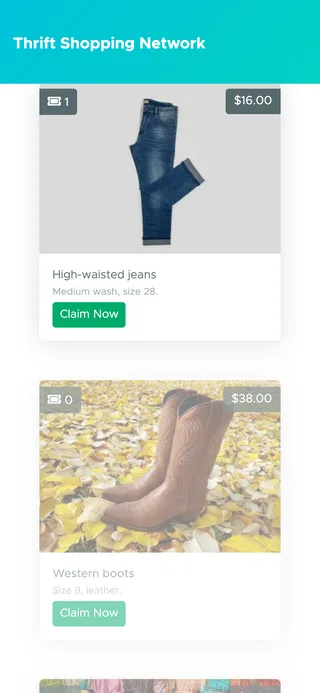 A live sale on a phone, on demo data: high-waisted jeans at $16.00 with 1 claim and a Claim Now button, and below them western boots at $38.00, still faded until they're shown.