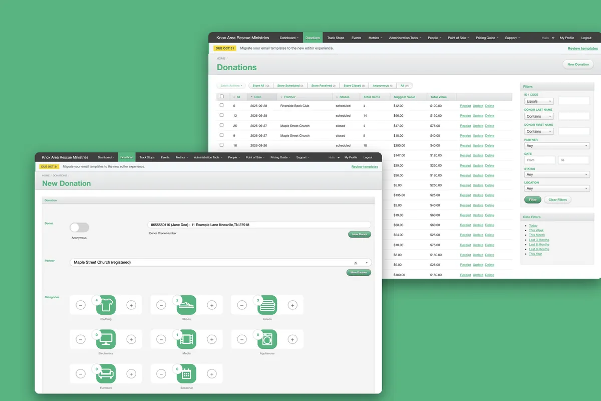 ThriftTrac's admin on demo data, on its green: the Donations list, and in front of it a new donation, with a tile for each category and its count.