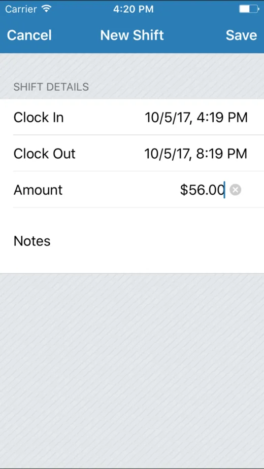 Tip Counter's New Shift screen on an iPhone: Clock In, Clock Out, an Amount of $56.00 and Notes.