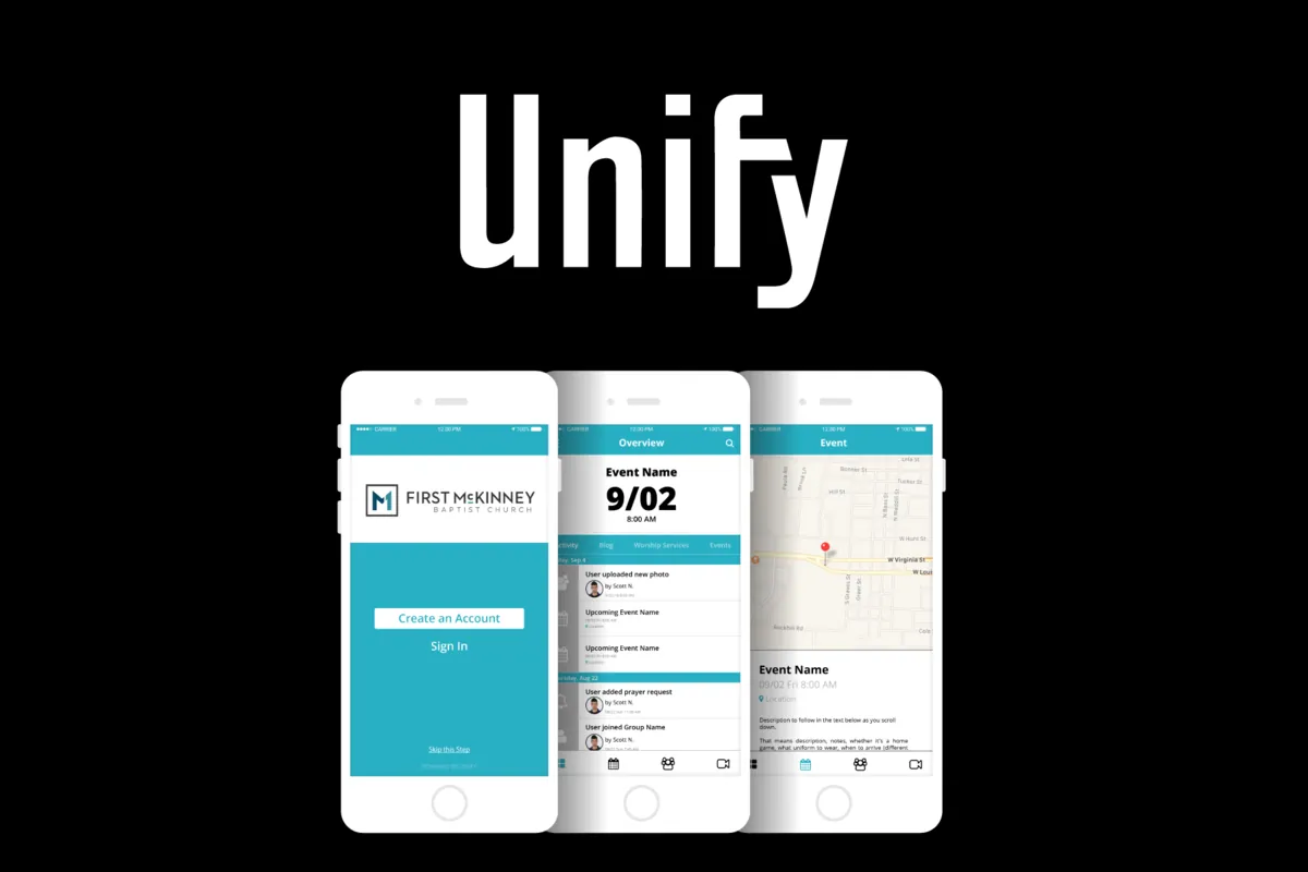 The Unify logo above three iPhones showing Unify app screens, on black.